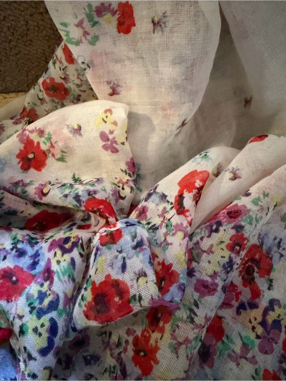 K by KMart Vintage Floral White Scarf with Red Tassels